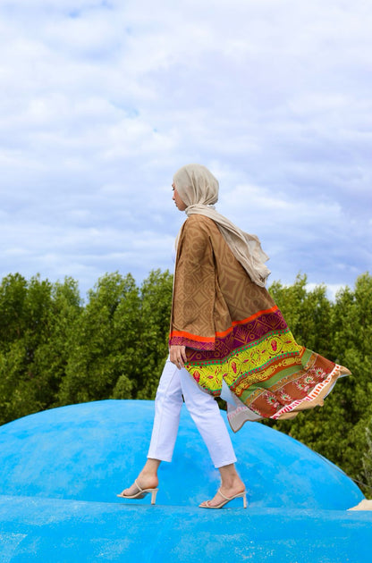 BORDED BEIGE PRINTED CARDIGAN