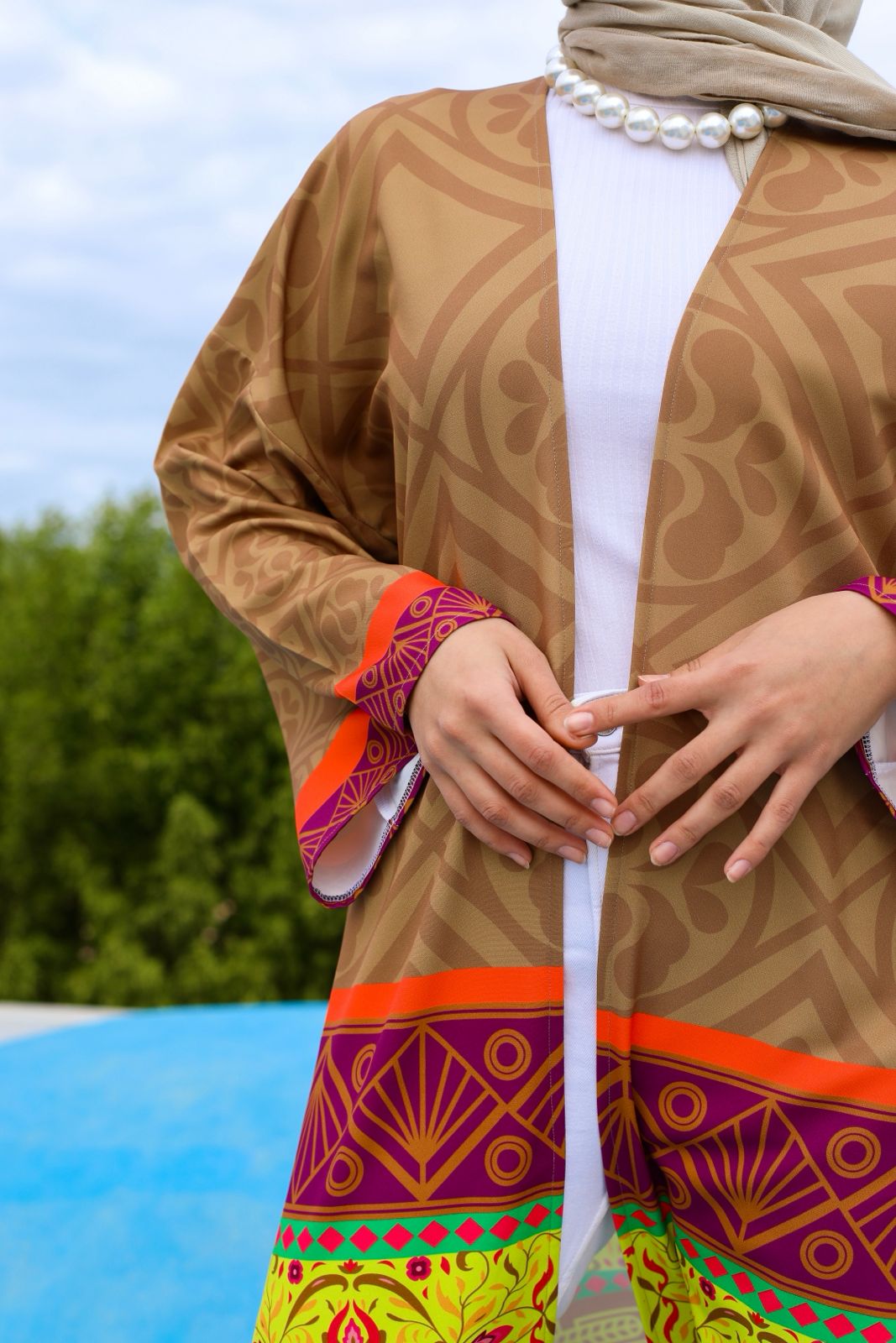 BORDED BEIGE PRINTED CARDIGAN